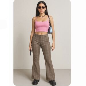 Express Editor Flare Leg Trouser Low Rise Sexy Waist Plaid NEW Size 4 Tan Brown